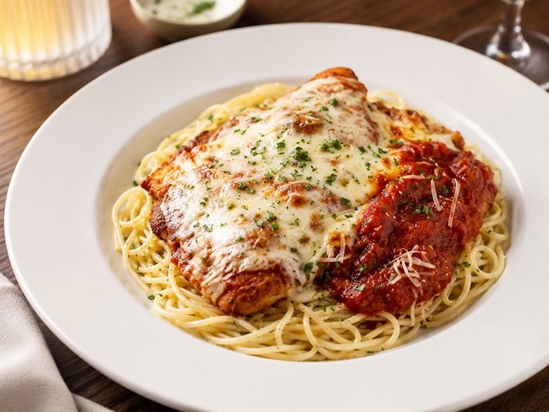 Chicken Parmesan over linguini with marinara and melted mozzarella
