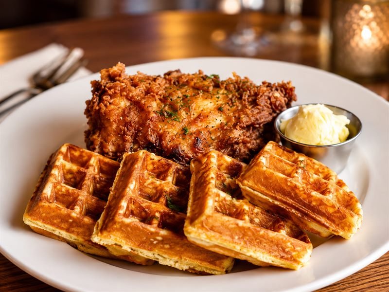 Spicy breaded chicken atop a house-made Belgian waffle with butter and syrup