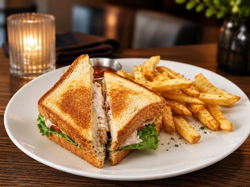 The Clayton Club sandwich served with hand-cut fries