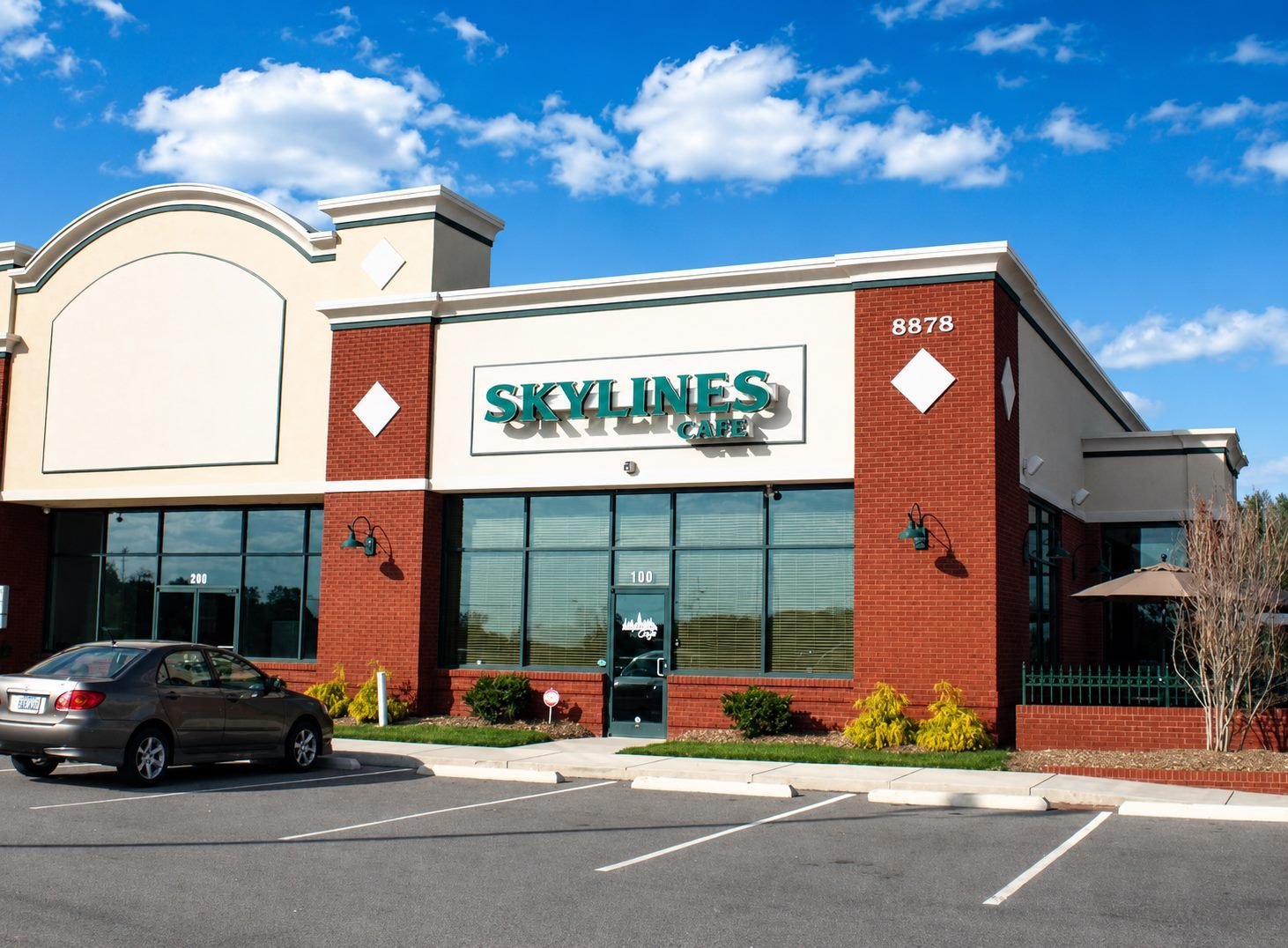 The Skylines Cafe storefront in Clayton, NC on a clear day